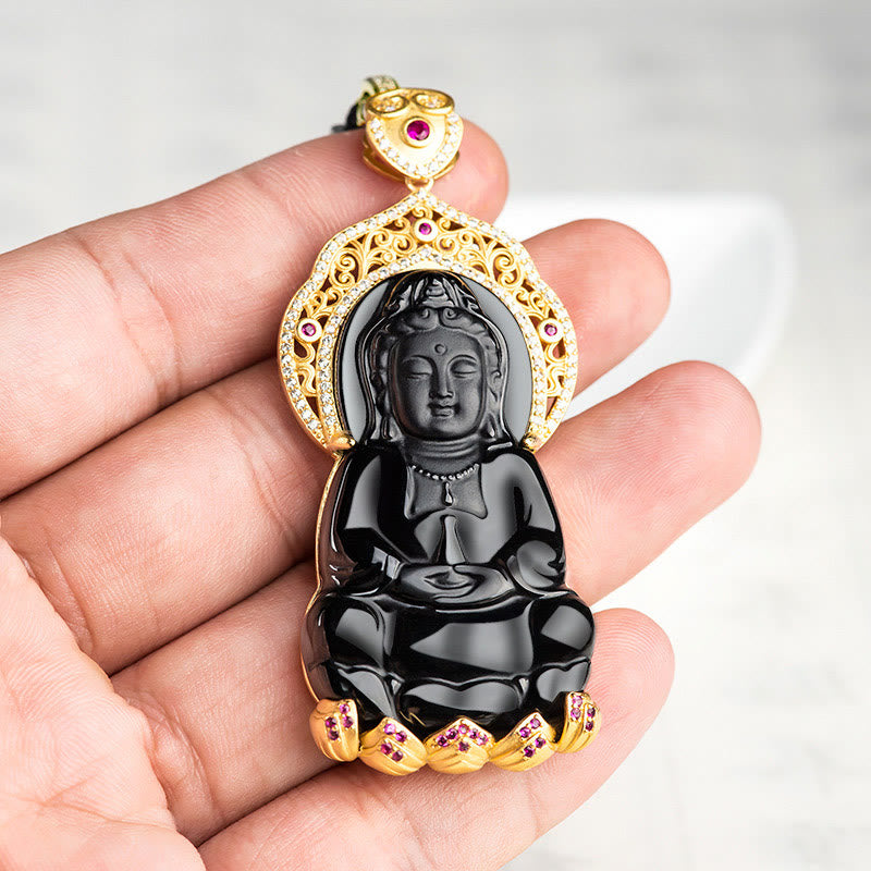 Black Jade Kwan Yin Avalokitesvara Necklace for Protection