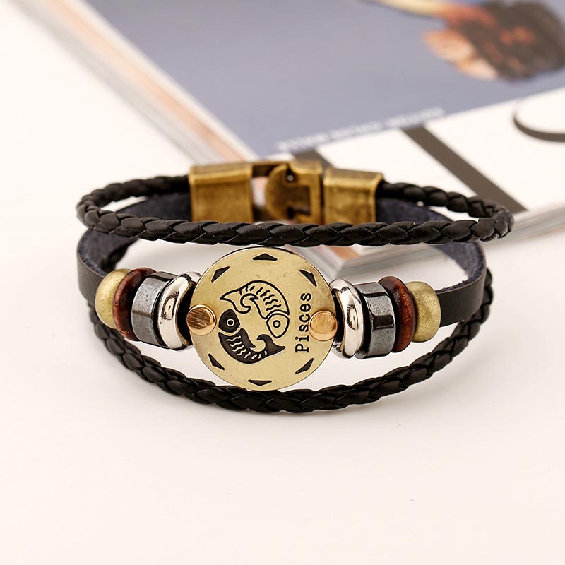 12 Constellations Zodiac Hematite Leather Charm Bracelet