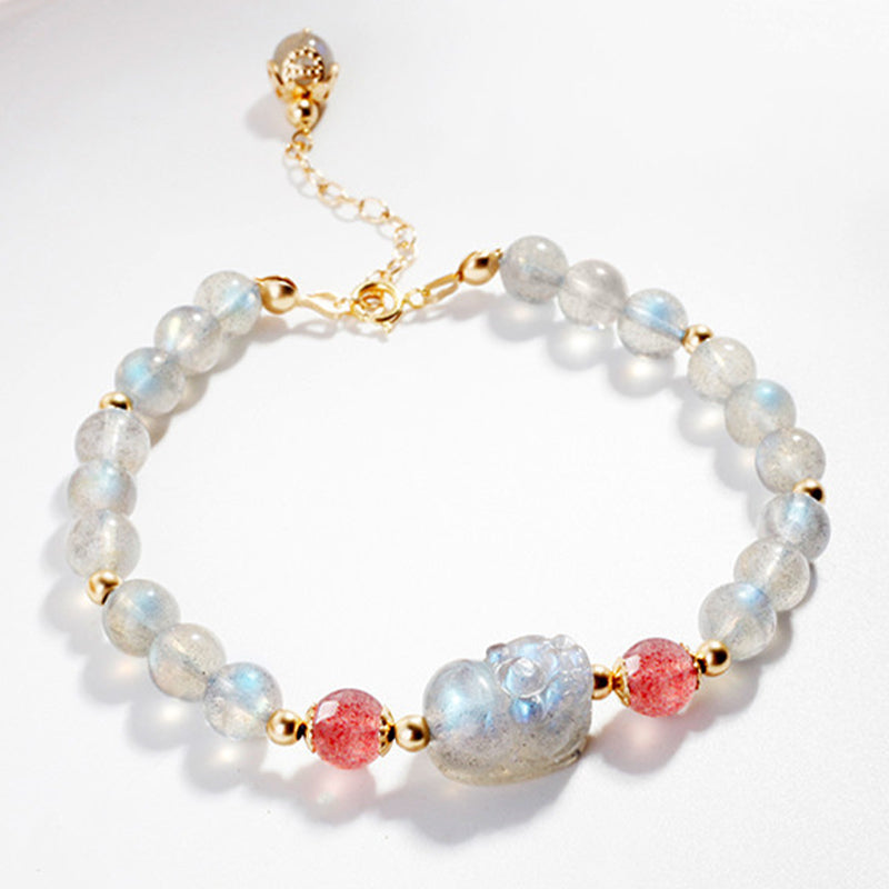 Moonstone Strawberry Quartz Pixiu Bracelet for Wealth & Love