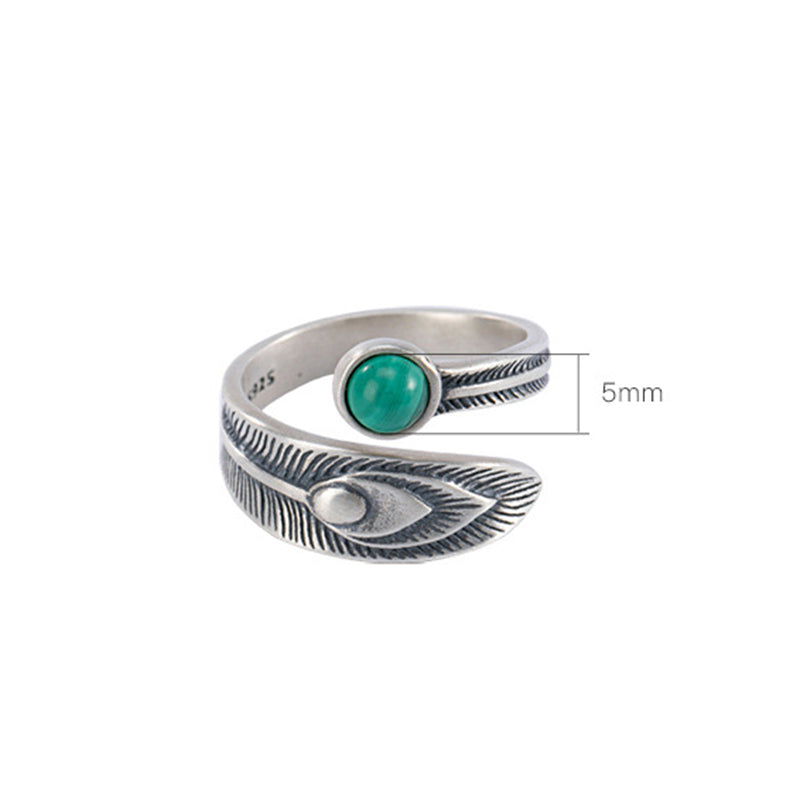 925 Sterling Silver Malachite Protection Ring with Feather Design
