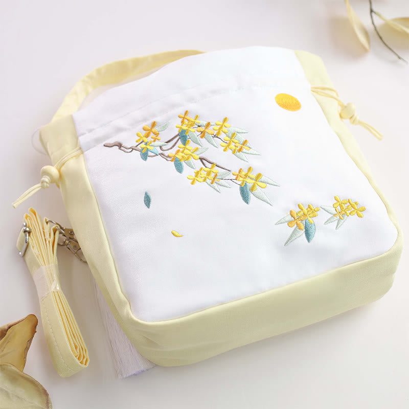 Cotton Linen Embroidered Osmanthus Peony Tote Bag 20cm