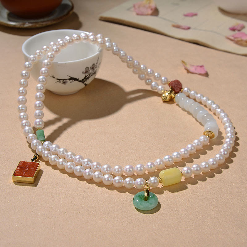 Quadruple Wrap Jade Bracelet with Pearl, Red Agate & Amber for Luck