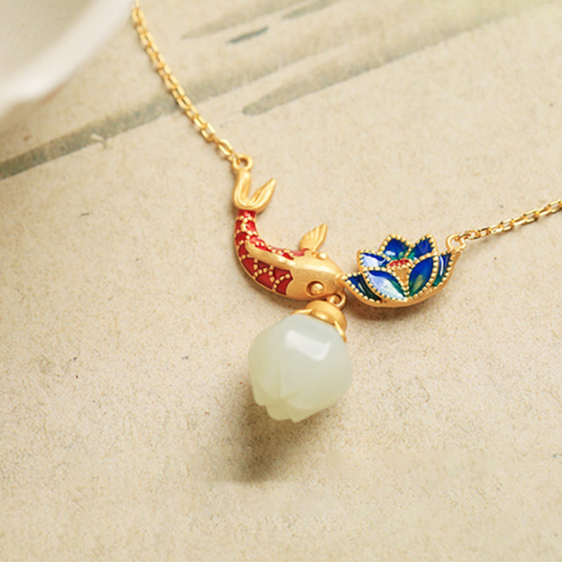 White Jade Koi Fish Lotus Protection Necklace Pendant