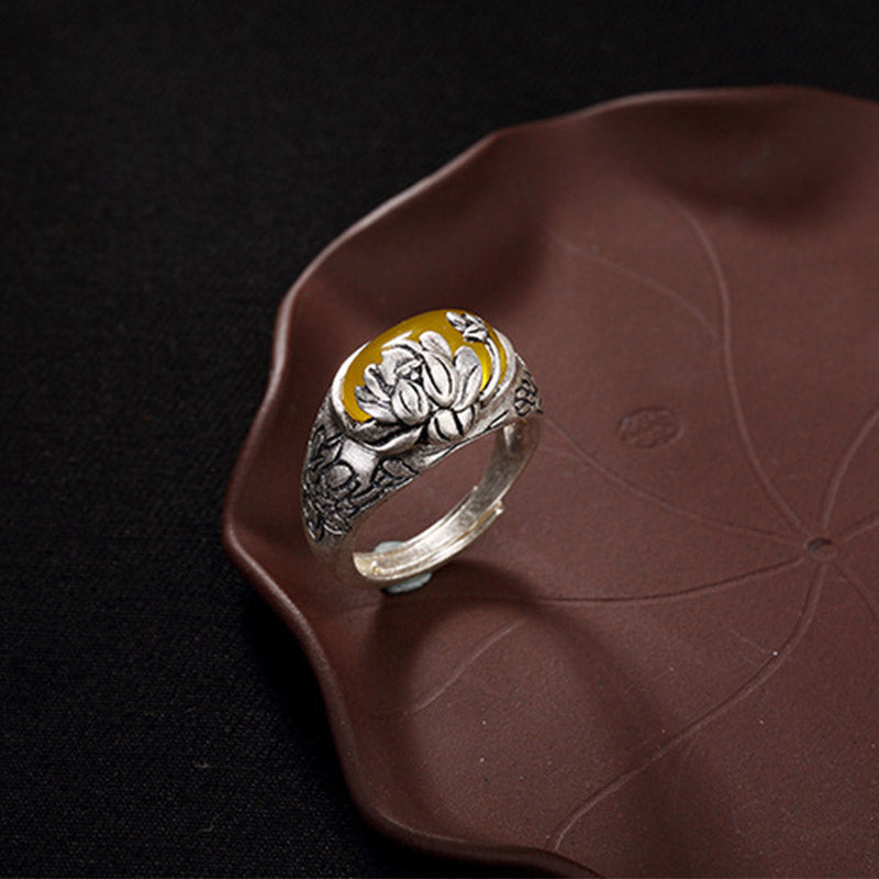 Adjustable Citrine Lotus Protection Ring for Prosperity