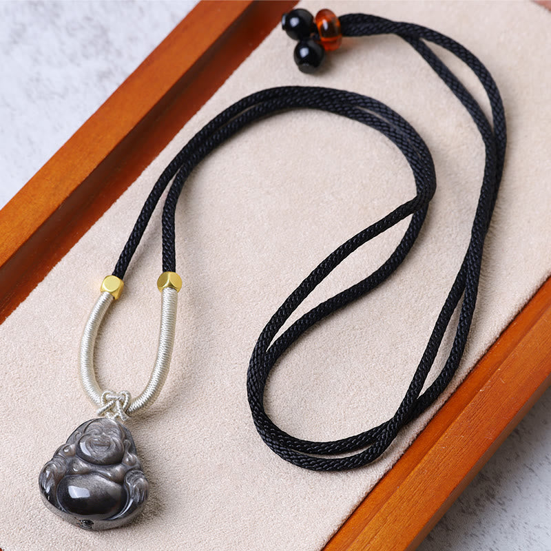 Silver Sheen Obsidian Protection Necklace with Laughing Buddha