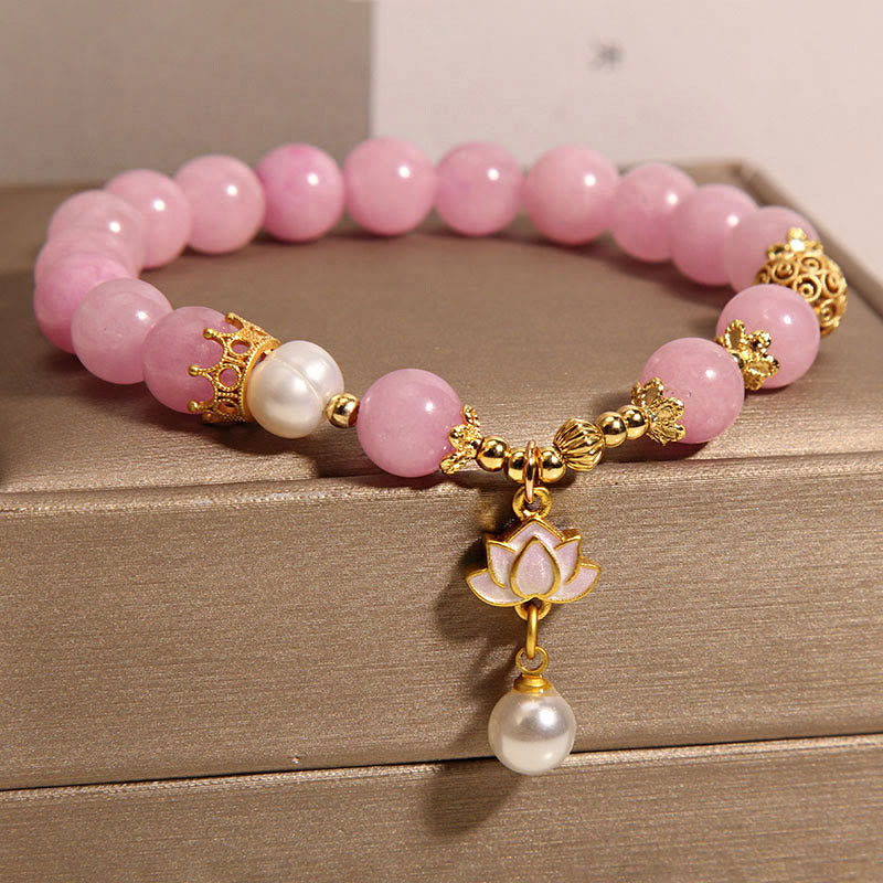 8mm Authentic Pink Jade Pearl Lotus Charm Bracelet