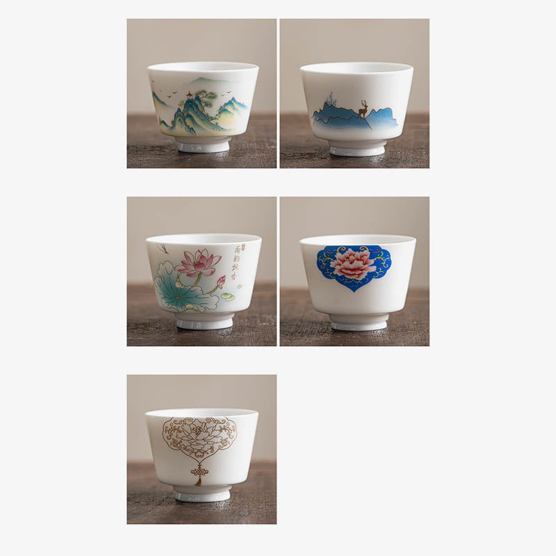 Zen Ceramic Teacup with Lotus Flower and Mountain Design 100ml