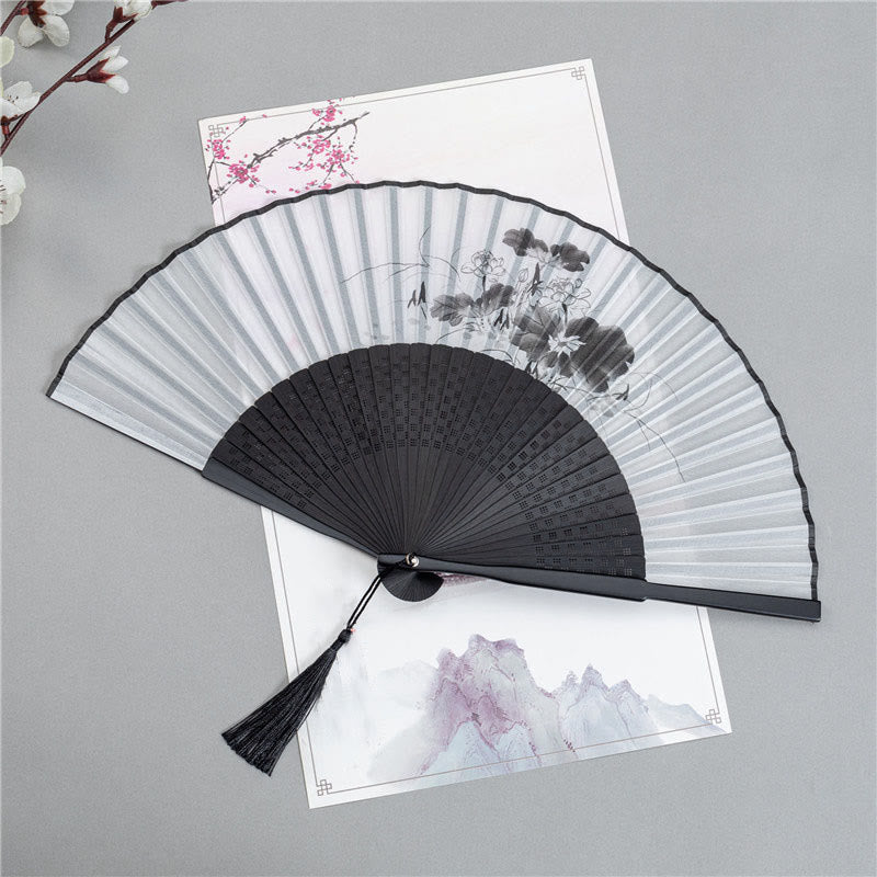 Plum Blossom Silk Bamboo Folding Fan 22.5cm Elegant Handheld