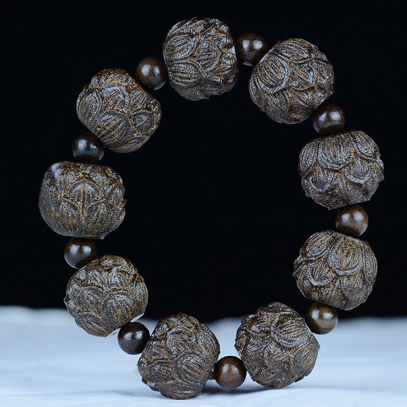 Ebony Wood Balance Bracelet with Lotus Dragon & Arhats