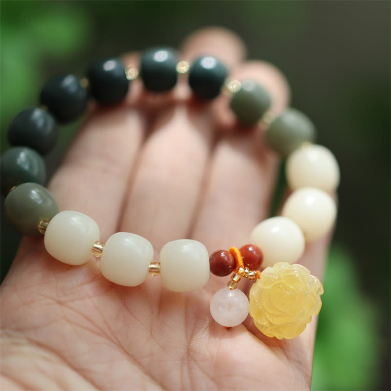 Unisex Lotus Bracelet with Bodhi Seed, Amber & Red Agate Beads