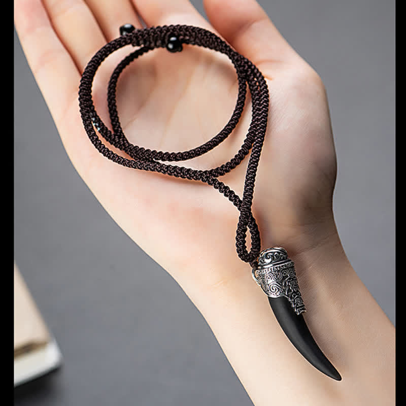 925 Sterling Silver Black Obsidian Strength Necklace Pendant