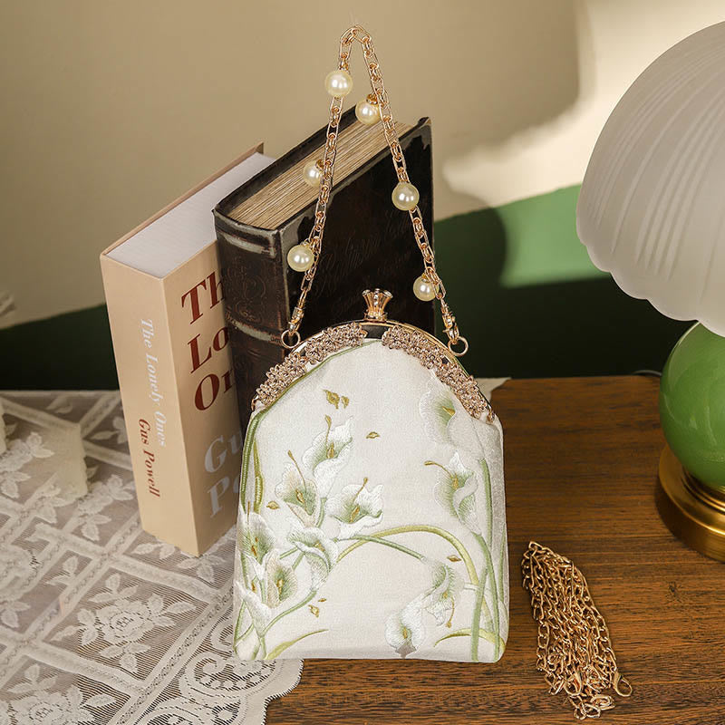 Calla Embroidery Metal Handle Crossbody Bag 15cm