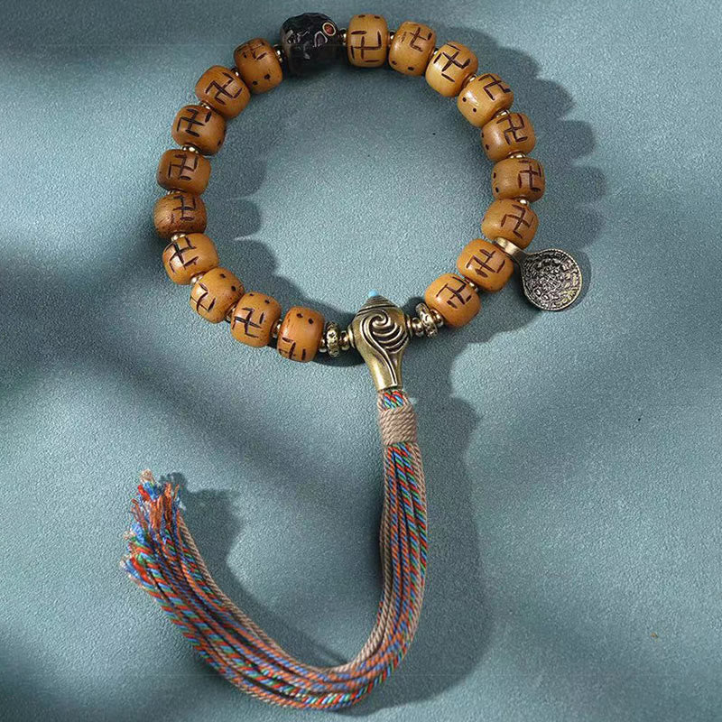 Camel Bone Swastika Dzi Buddha Bracelet for Luck & Protection