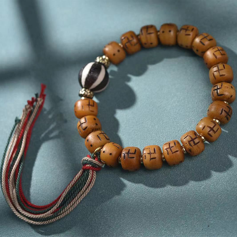 Camel Bone Swastika Dzi Buddha Bracelet for Luck & Protection