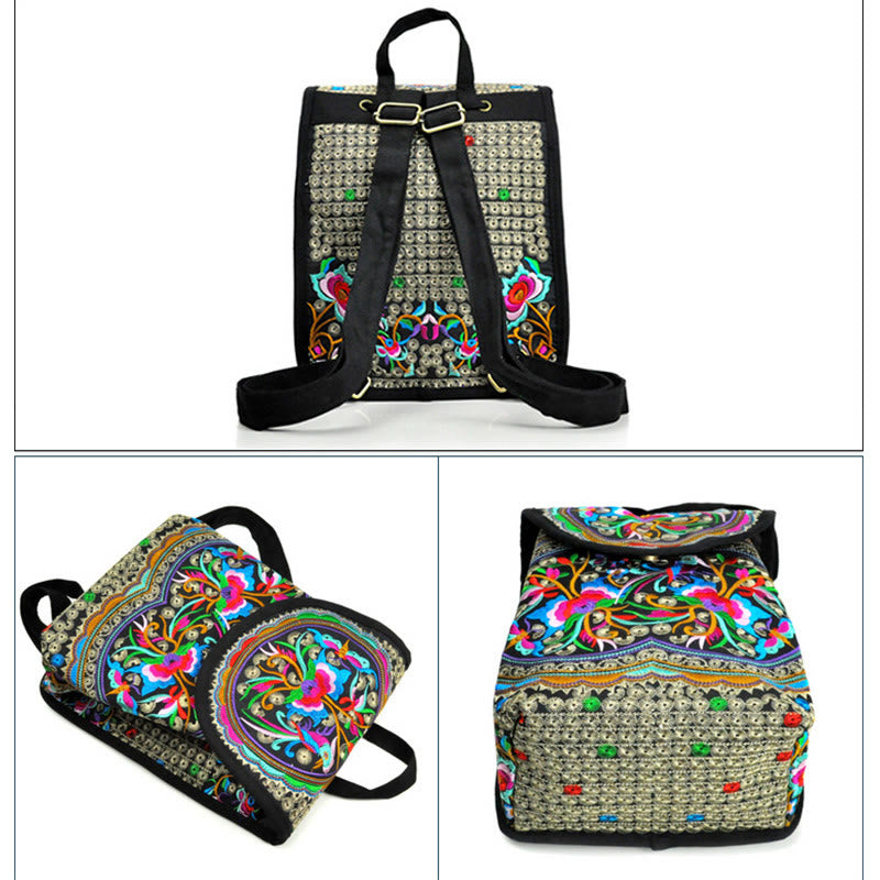 Canvas Backpack with Peony & Chinese Money Tree Embroidery - Prosperity Symbol