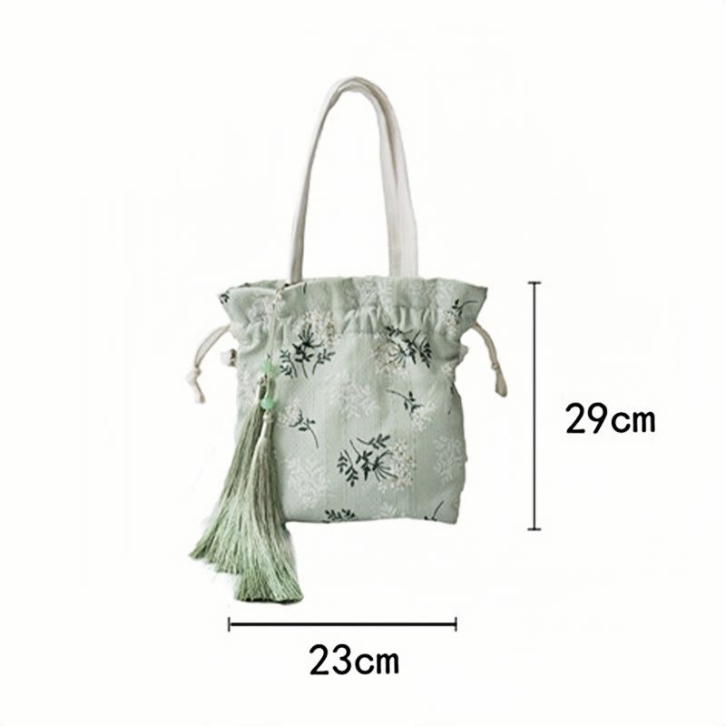 Canvas Tote Bag with White Flowers & Green Leaves 23x29cm