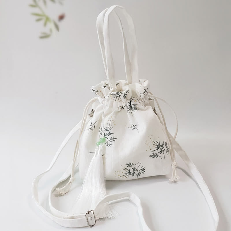 Canvas Tote Bag with White Flowers & Green Leaves 23x29cm