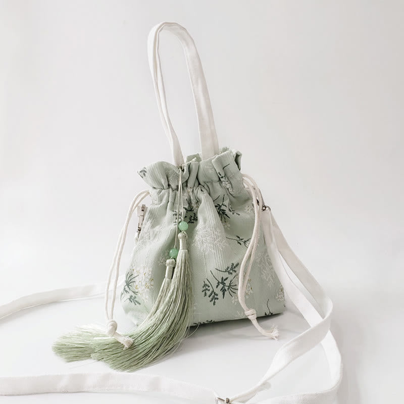 Canvas Tote Bag with White Flowers & Green Leaves 23x29cm