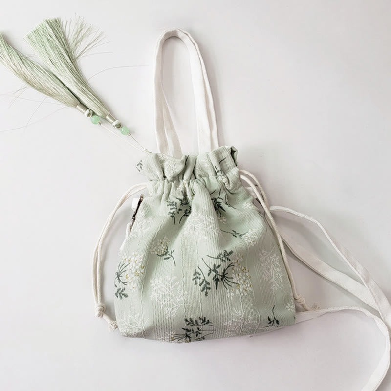 Canvas Tote Bag with White Flowers & Green Leaves 23x29cm
