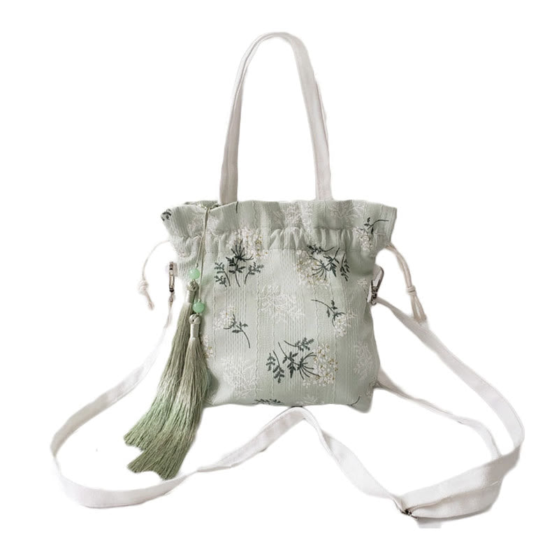 Canvas Tote Bag with White Flowers & Green Leaves 23x29cm