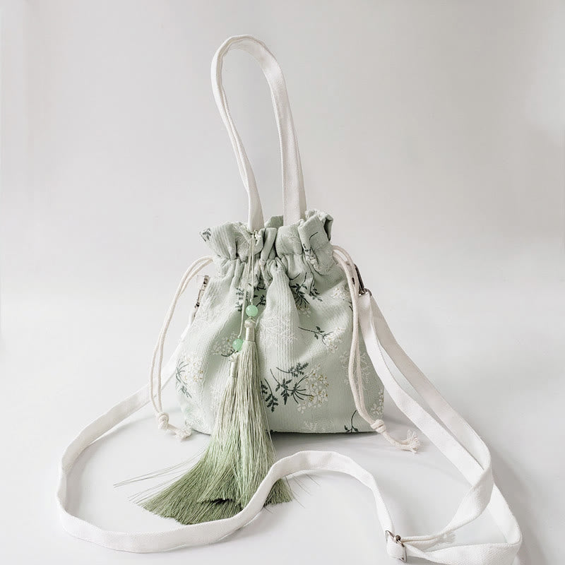 Canvas Tote Bag with White Flowers & Green Leaves 23x29cm