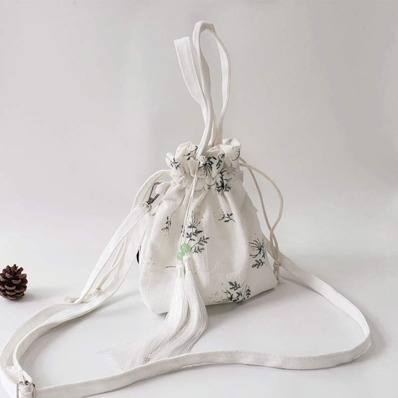 Canvas Tote Bag with White Flowers & Green Leaves 23x29cm