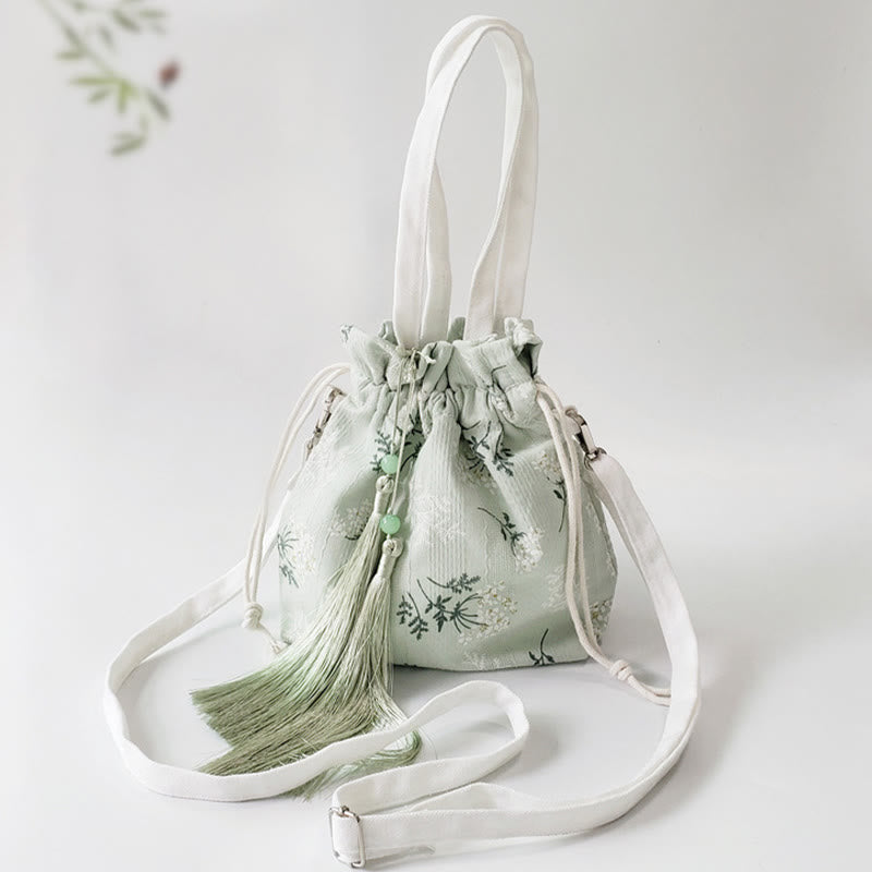 Canvas Tote Bag with White Flowers & Green Leaves 23x29cm