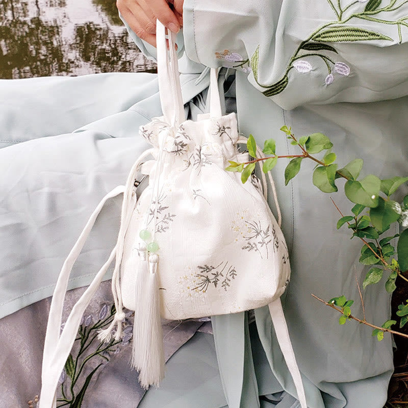 Canvas Tote Bag with White Flowers & Green Leaves 23x29cm