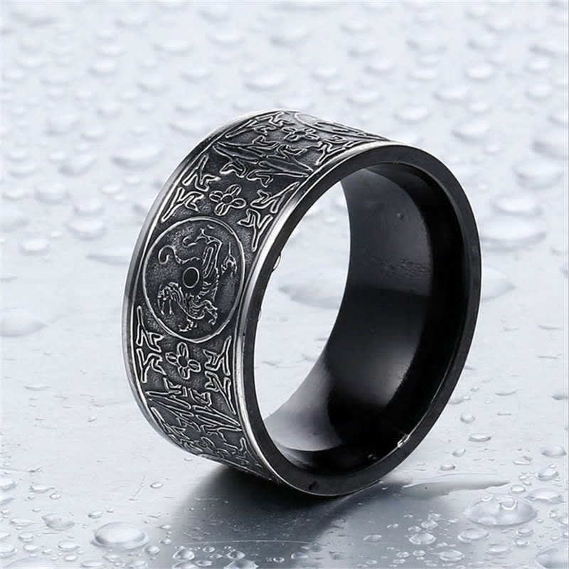 Carved Four Guardian Beasts Dragon Ring in Titanium Steel