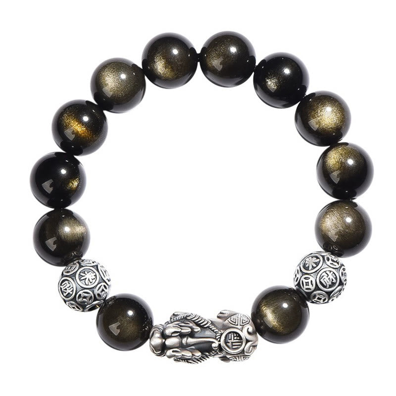 10mm Gold Sheen Obsidian Pixiu Bracelet for Wealth Protection