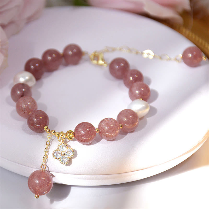 Strawberry Quartz Love Bracelet with Pearl and Four Leaf Clover Charm