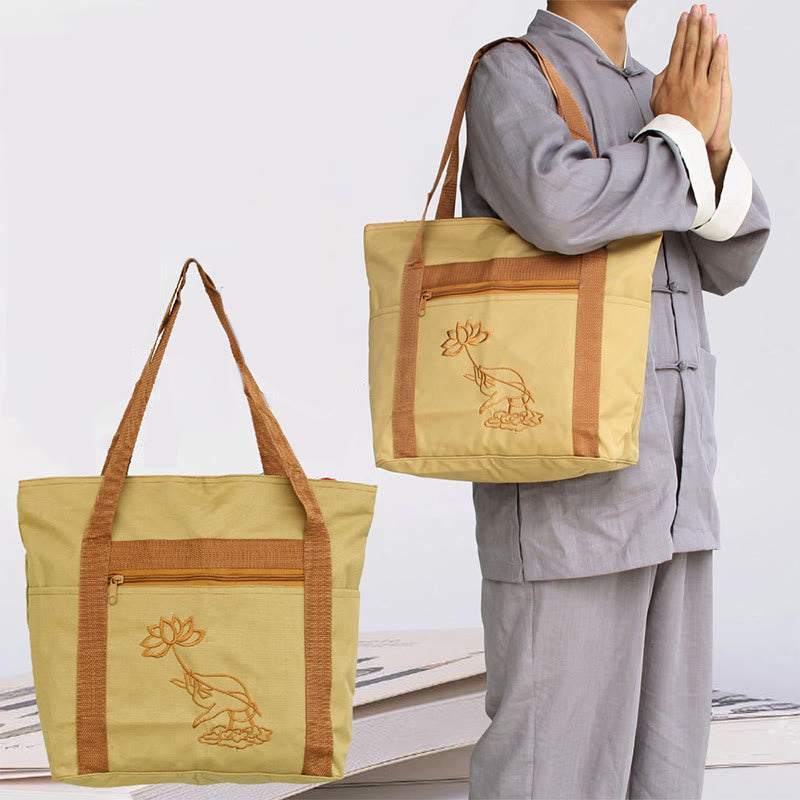 Spiritual Canvas Tote Bag with Lotus Embroidery Pattern