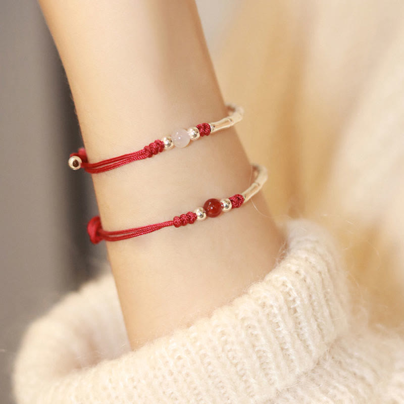 Unisex Sterling Silver Bamboo Red String Agate Protection Bracelet