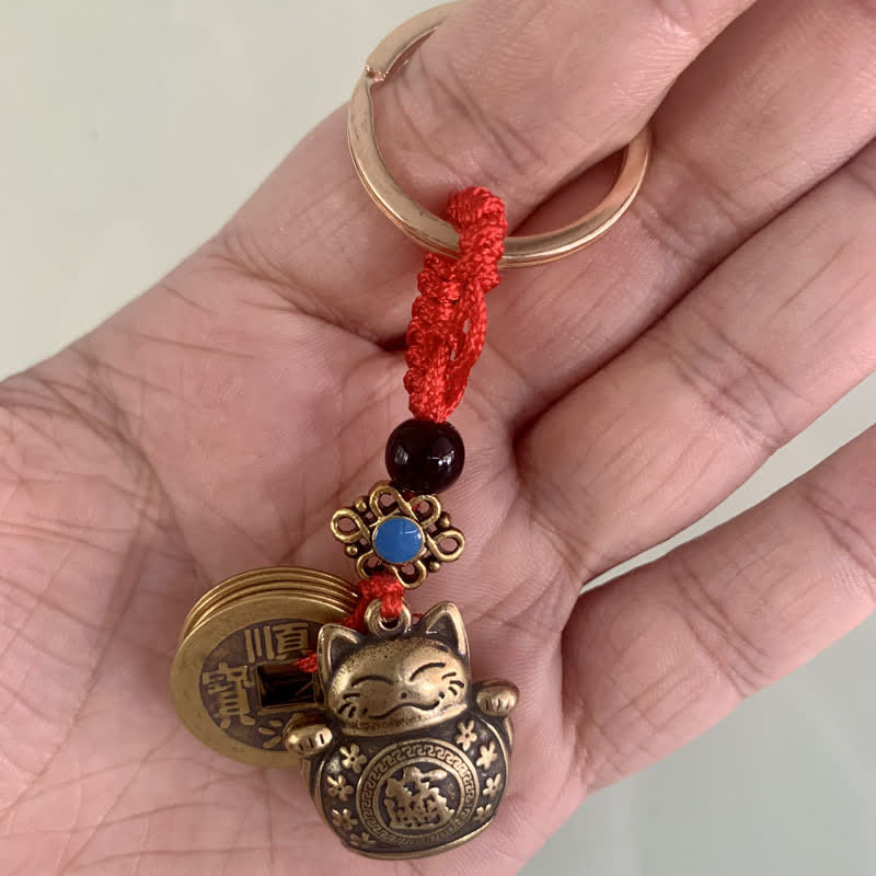 Feng Shui Five Emperor Coins Lucky Cat Wealth Keychain
