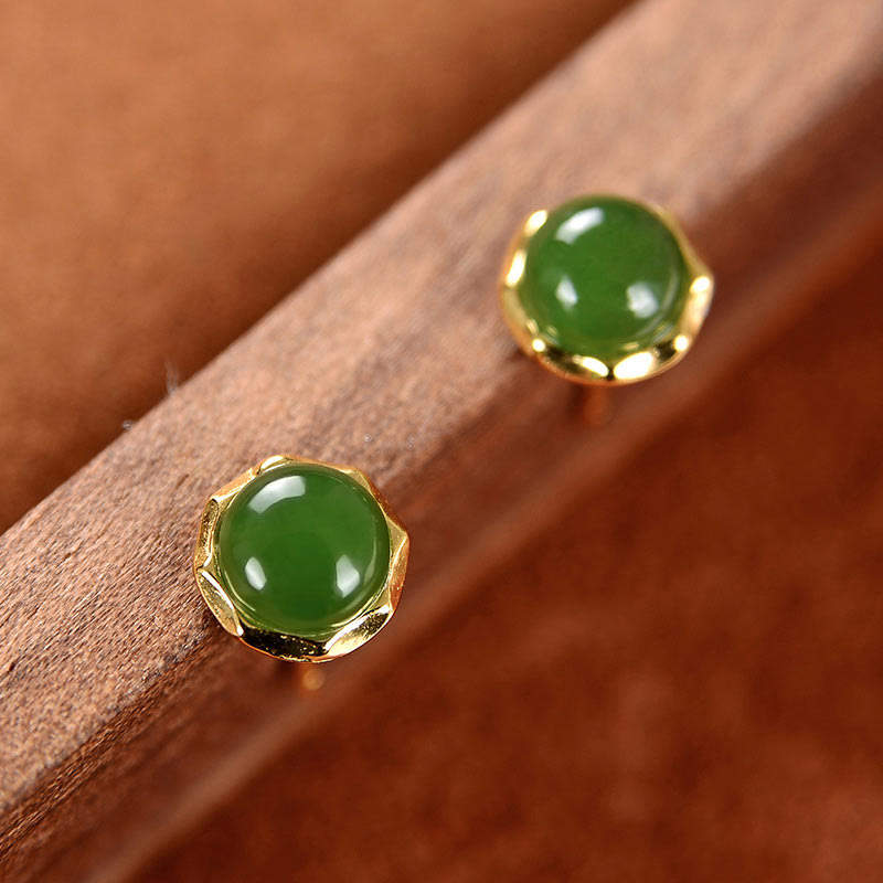 8mm Cyan Jade Stud Earrings in Sterling Silver Gold Plated for Luck