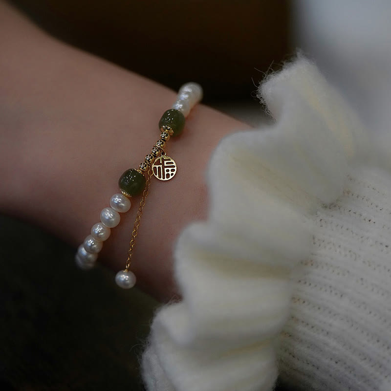 Hetian Jade Pearl Bead Bracelet for Happiness & Wisdom