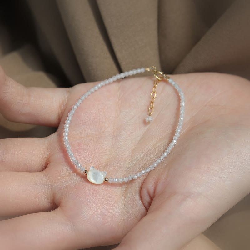 Clear Quartz Bracelet with White Crystal & 14K Gold Plated Healing Cat Charm