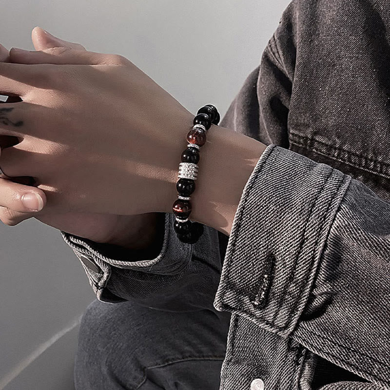 Obsidian Bracelet 10mm with Tiger Eye for Strength & Balance