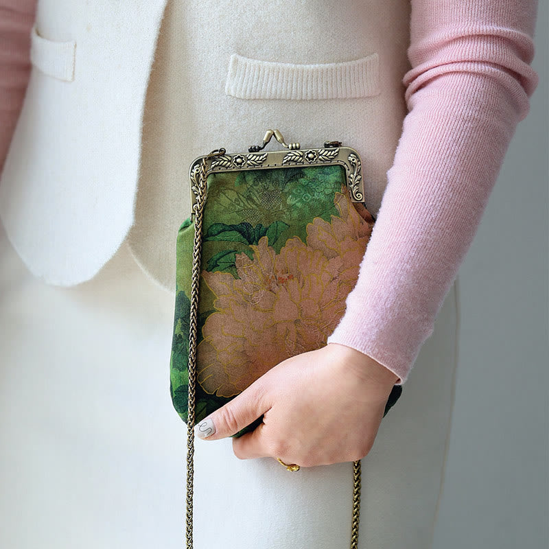Small Green Peony Butterfly Metal Chain Crossbody Shoulder Bag