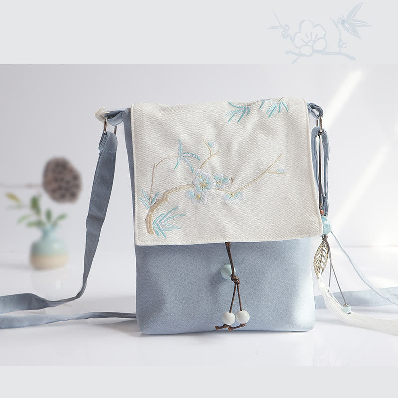 Handmade Canvas Crossbody Bag with Plum Flowers 20x23cm