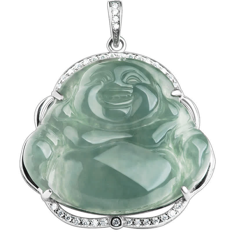 Jade Laughing Buddha Necklace in 925 Sterling Silver for Luck