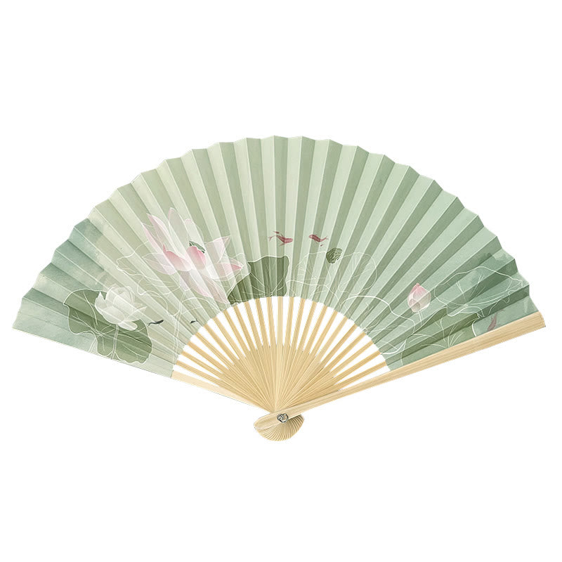 Lotus Flower Chinese Folding Fan with Bamboo & Paper
