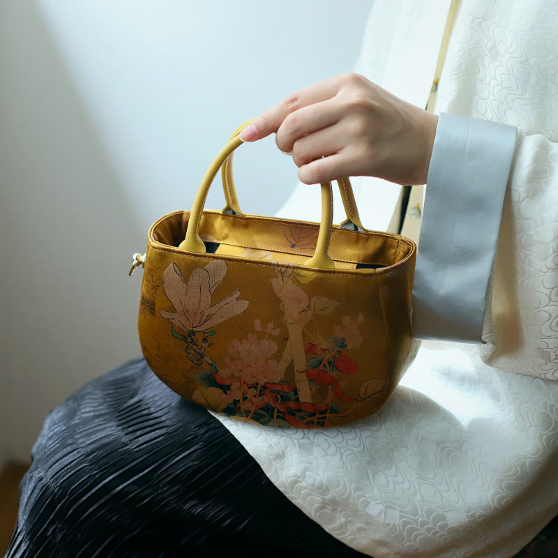 Vintage Flower Peony Metal Chain Zipper Crossbody Bag