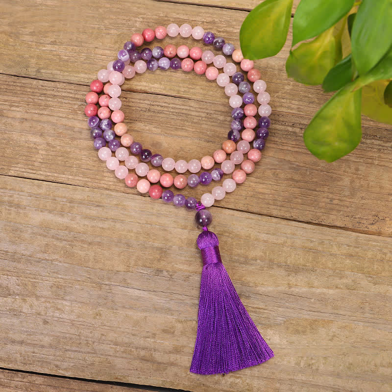 Amethyst Rose Quartz 108 Bead Gemstone Mala Bracelet
