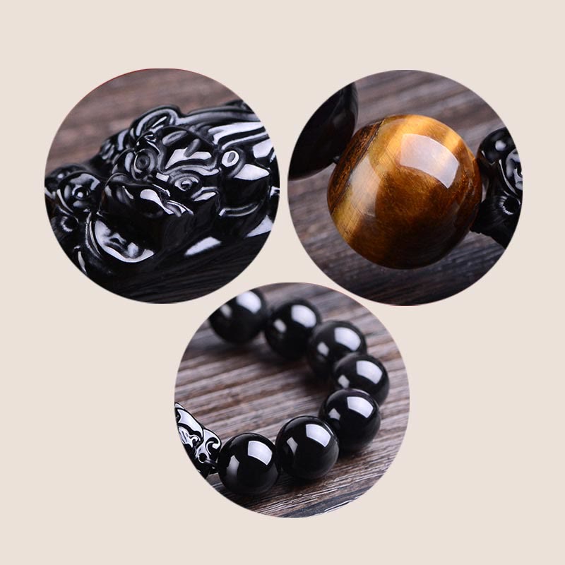 Natural Black Obsidian PiXiu Bracelet 14mm for Strength