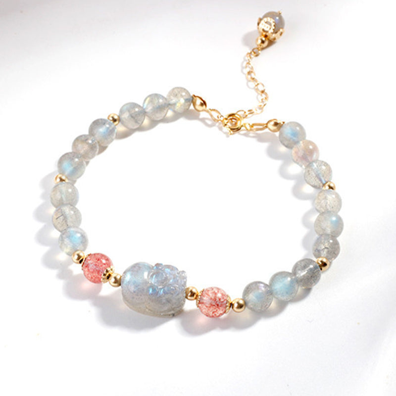 Moonstone Strawberry Quartz Pixiu Bracelet for Wealth & Love
