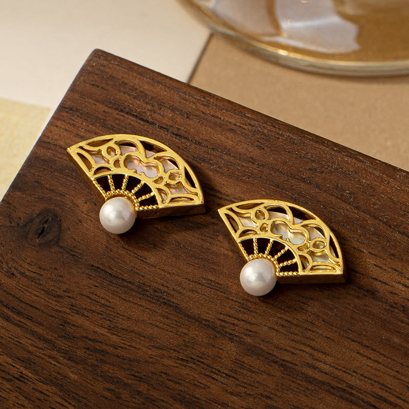 Sterling Silver Fan Pattern Pearl Wisdom Earrings