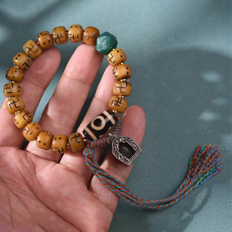 Camel Bone Swastika Dzi Buddha Bracelet for Luck & Protection