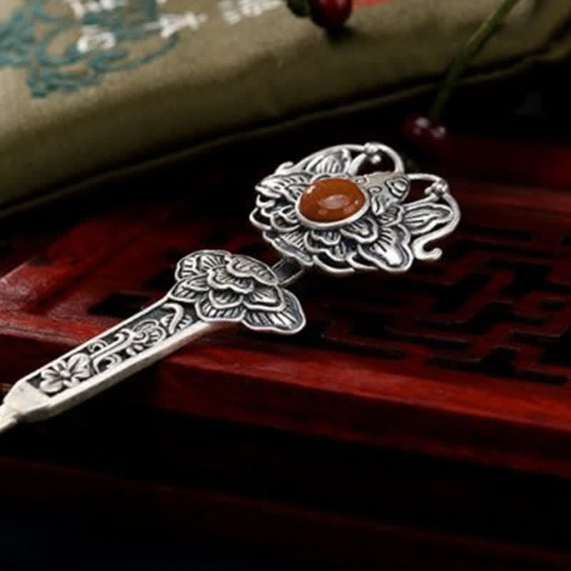 Red Agate Peony Flower Hairpin | Confidence & Calm 13.4cm