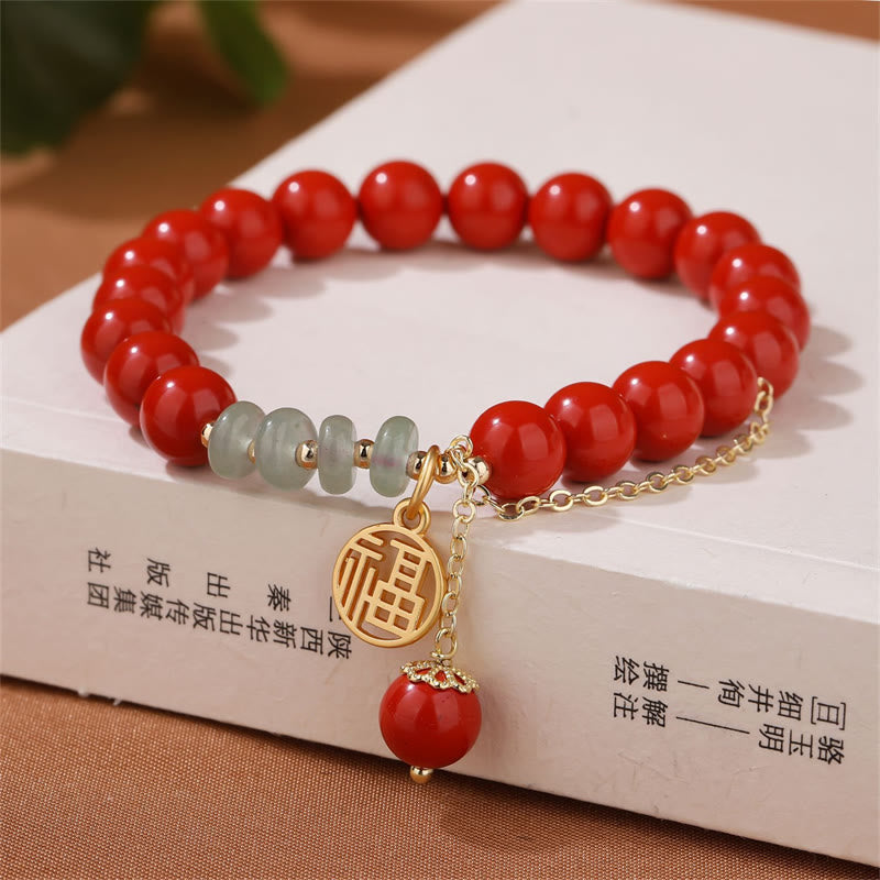 8mm Jade Bracelet with Cinnabar & Fu Character Symbol